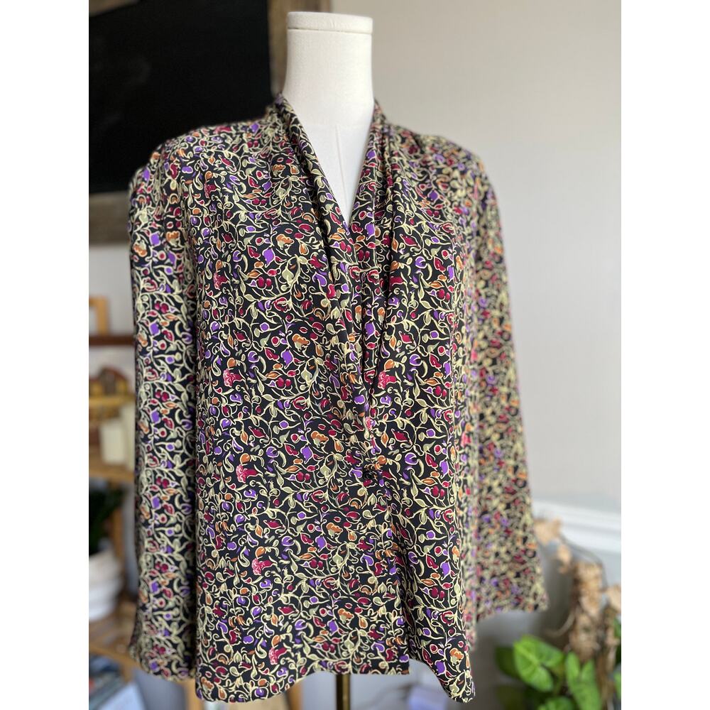 Vintage 80s Secretary Blouse Black Floral Long Sleeve Regency Size Medium